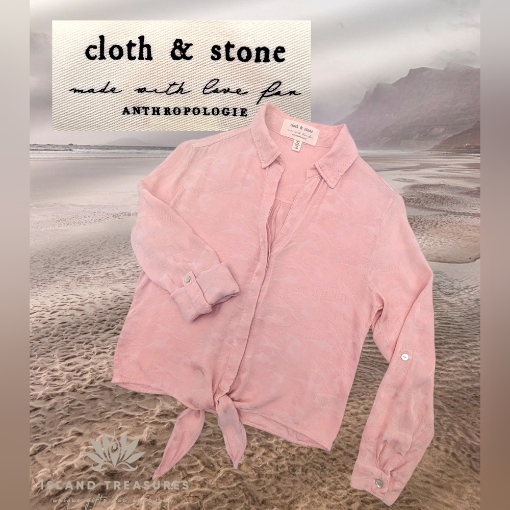 Anthropologie Cloth & Stone Sz XXS Soft Pink Button Down Front-Tie V-Neck Blouse